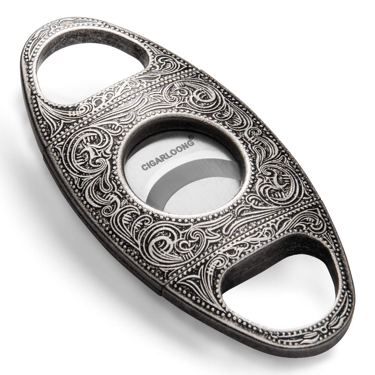 CIGARLOONG Cigar Cutter Stainless Steel Bronze Engraved Double Cut Blade Cigar Guillotine (Silver)