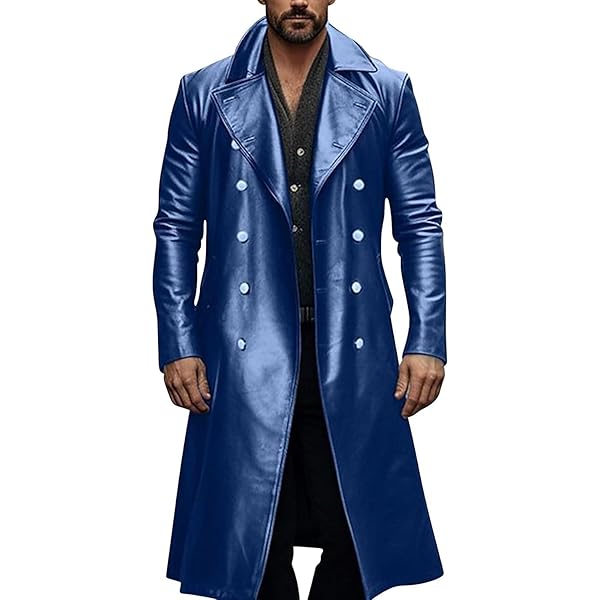 PETCDIM Men's Vintage Medieval PU Leather Long Trench Coats Notch