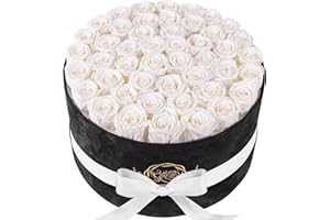 PRIFROTI Forever Real Roses in Suede Box - 47-Piece Roses in a Box - Luxury Preserved Roses That Last Over a Year - Valentines Day Flowers for Delivery Prime - Mothers Day, Birthday, Christmas (Pure White)