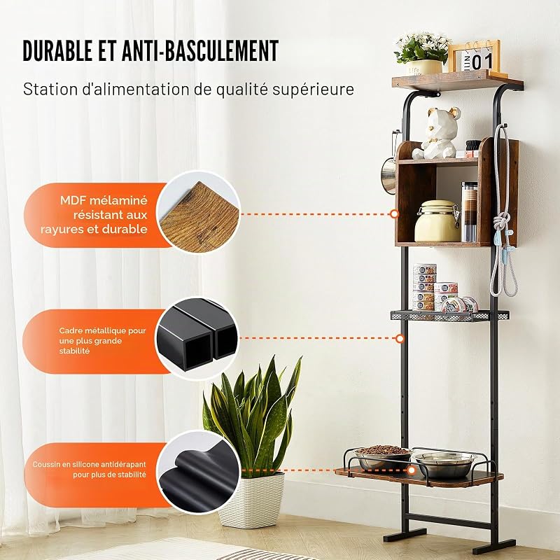 Support de Gamelle Surélevée Réglable 50x19,8x145 cm Étagère de Rangement Chiens Organisateur de Stockage Jouets Nourritures pour Animaux de Compagnie, Chiens de Grande, Moyenne, Petite Taille