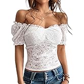 Women's Floral Lace Crop Tops Sexy Off Shoulder Puff Sleeve See Through Summer Shirts Going Out Club Coquette Clothes