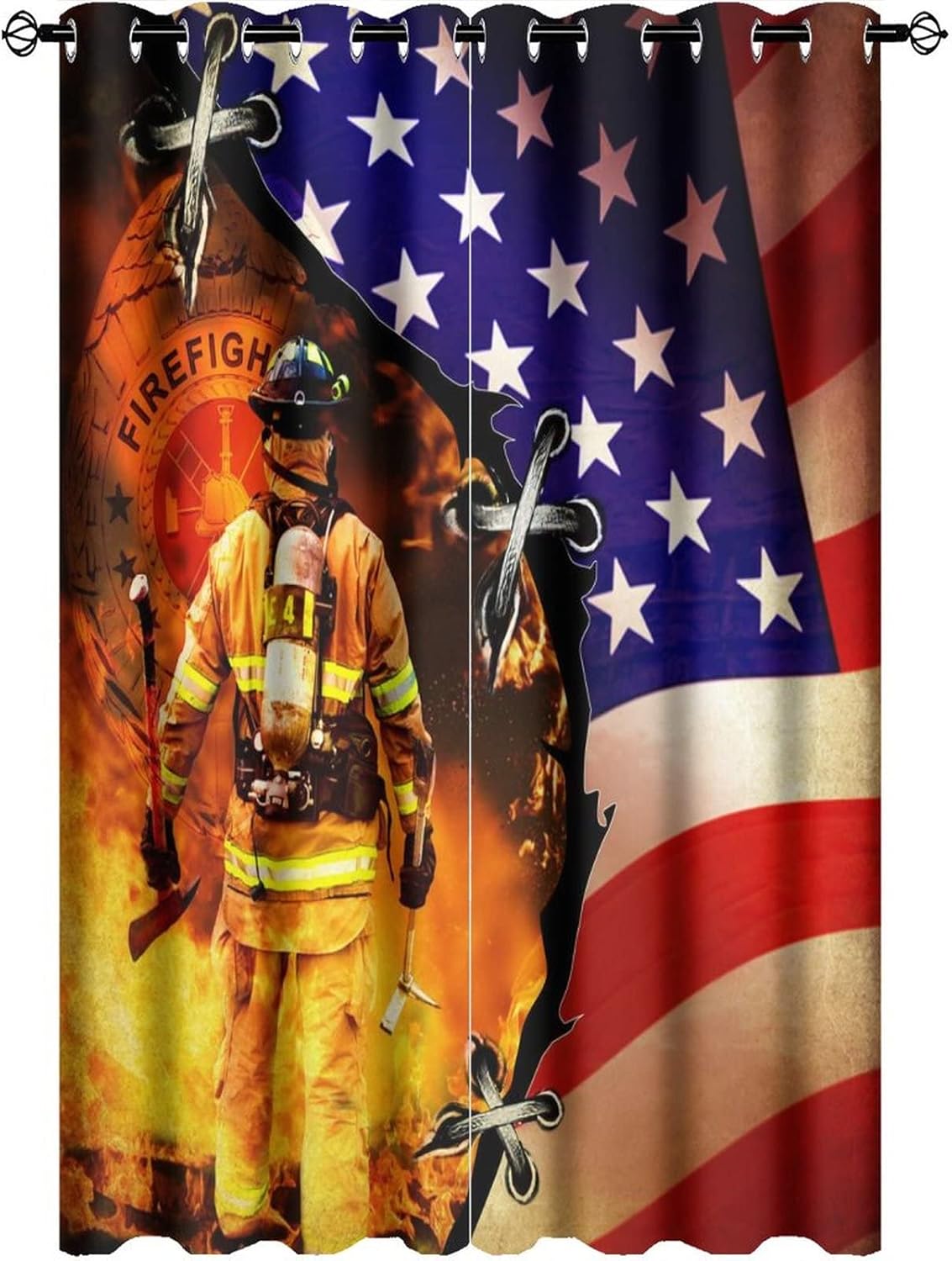 Outdoor Curtains - Kazynee American Flag Firefighter Ultra Soft Premier Blackout Curtains,Cool Fireman US Flag PrintThermal Insulated Bedroom Noise Reducing Patio Door Grommet Top,2 Panels 63L x 21W