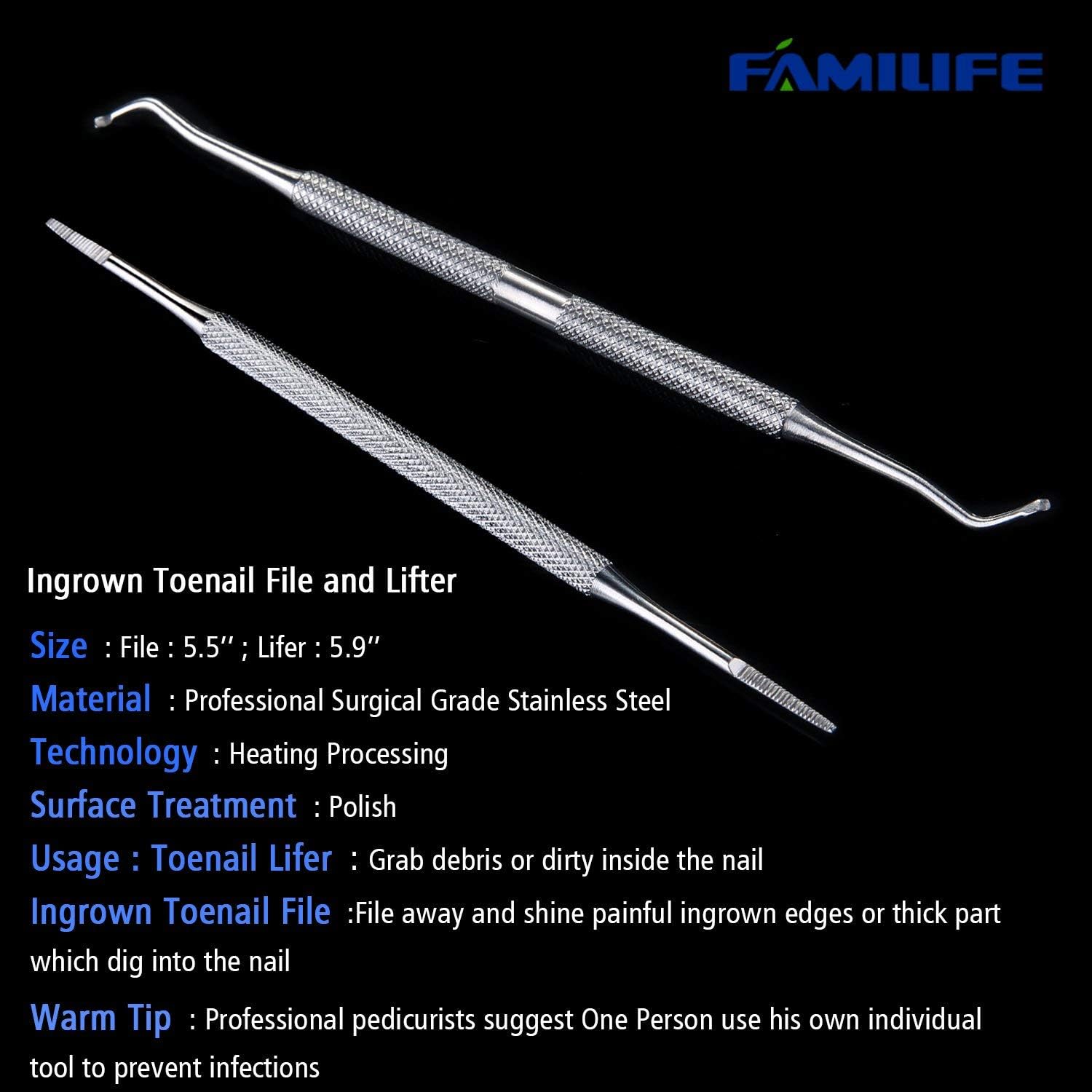 FAMILIFE L07 100% Stainless Steel Ingrown Toenail File and Lifter Double Sided with Storage Case (Ingrown Toenail File): Health & Personal Care