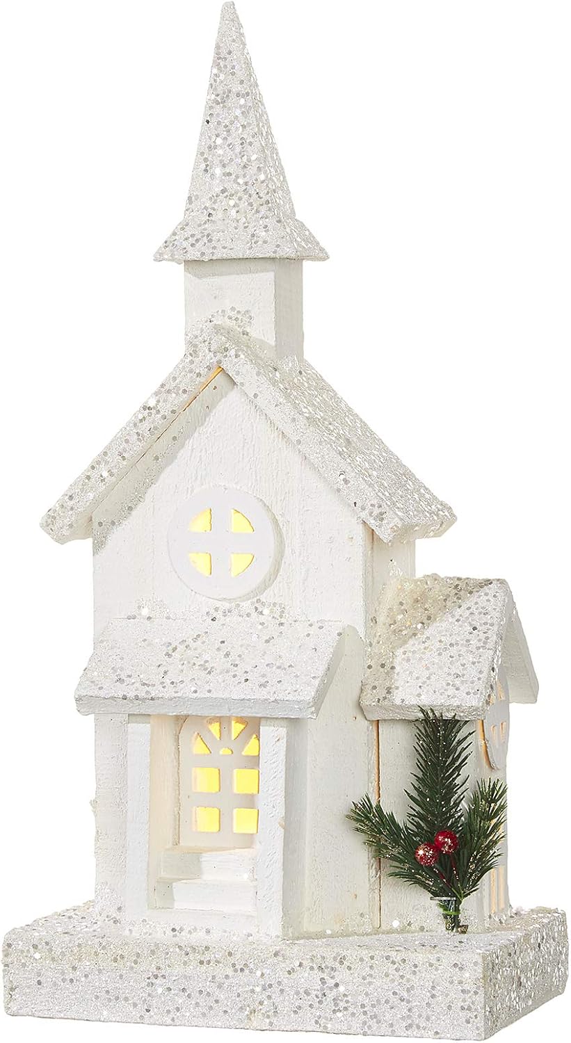 RAZ Imports 17 White Wooden Lighted Church Christmas Tabletop Decor with Glitter Snow