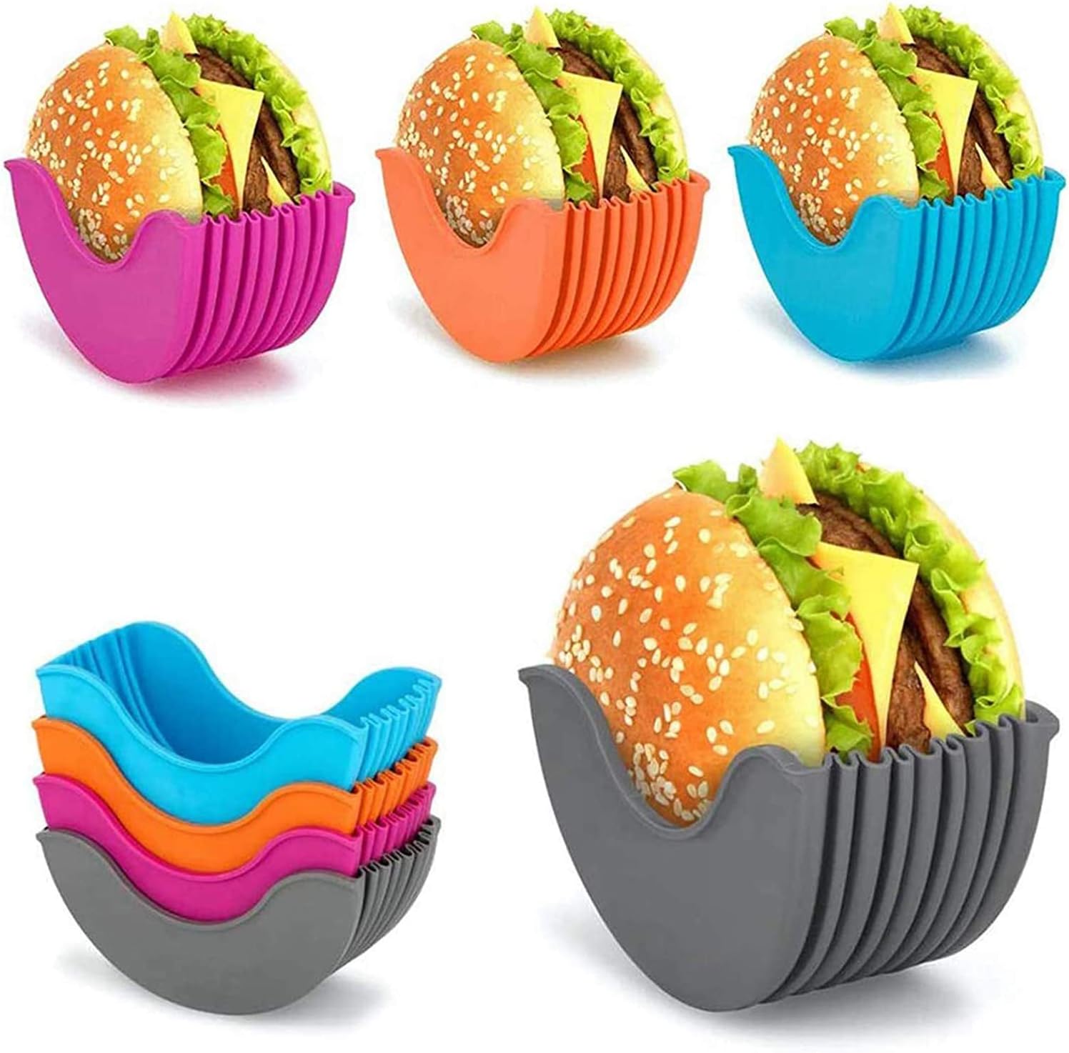 4 Pcs Burger Buddy Burger Fixed Box, Adjustable Hamburger Buns Burger Holder, Burger Holder Reusable Mess, Hygienic Reusable Hamburger Box Silicone Rack Holder Burger Box, BPA-Free & Dishwasher Safe