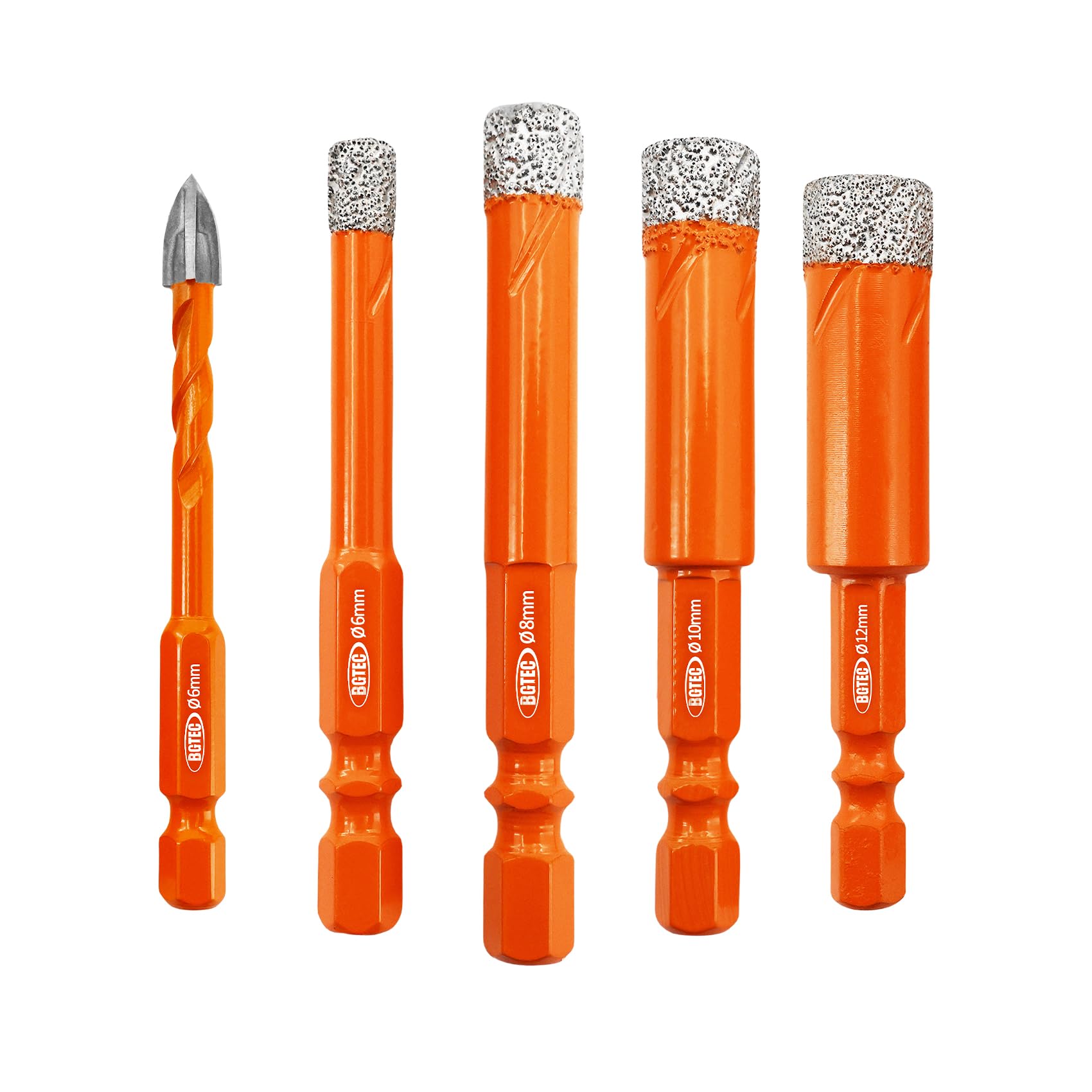 BGTEC Dry Diamond Drill Bits - 6/8/10/12mm Masonry Drill Bits Set & 1pc 6mm Tungsten Carbide Tip Tile Drill Bit with Quick Change Hex Shank for Granite Marble Porcelain Tile Ceramic — image 1