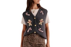 ROAONOCOMO Women Christmas Knit Vest Button Down V Neck Sweater Vest Sequin Embroidered Sleeveless Cardigan Xmas Clothes