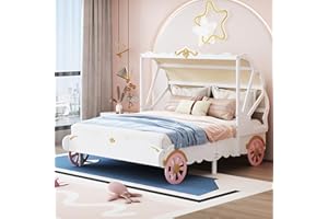 MERITLINE Full Princess Carriage Bed Frame for Kids,Wood Full Size Platform Bed in Car-Shaped with Wheels and 3D Carving Pattern Design,Fun Play Full Bed for Girls,White+Pink+Gold