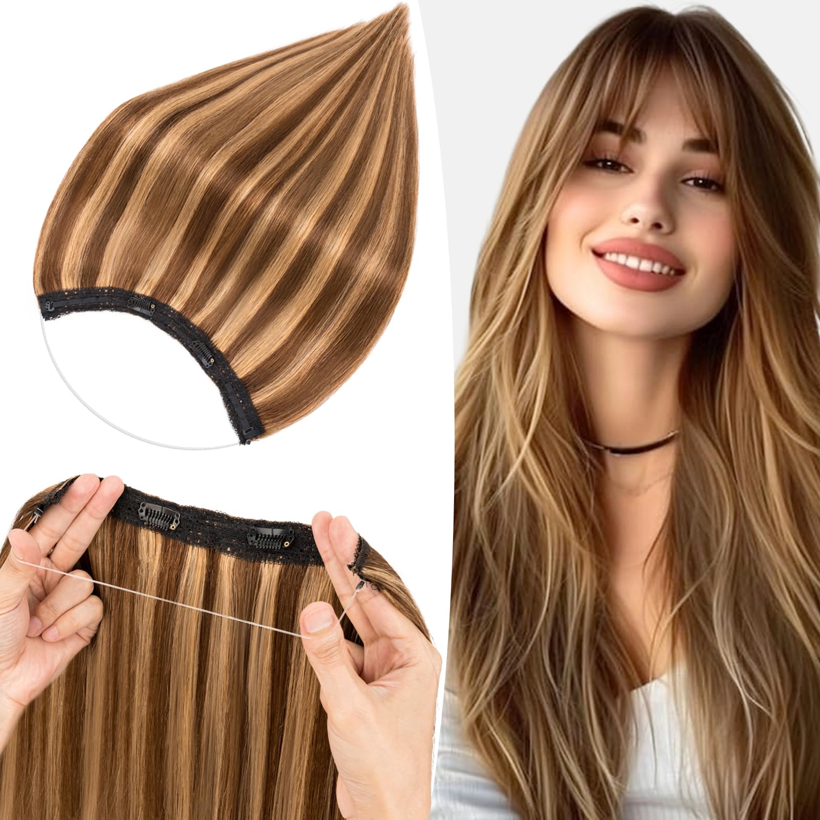 S-noilite Wire Hair Extensions Human Hair Medium Brown/Dark Blonde Invisible Fish Line Hair Extensions Real Hair One Piece Human Hair Extensions 18 Inch 65g — image 1