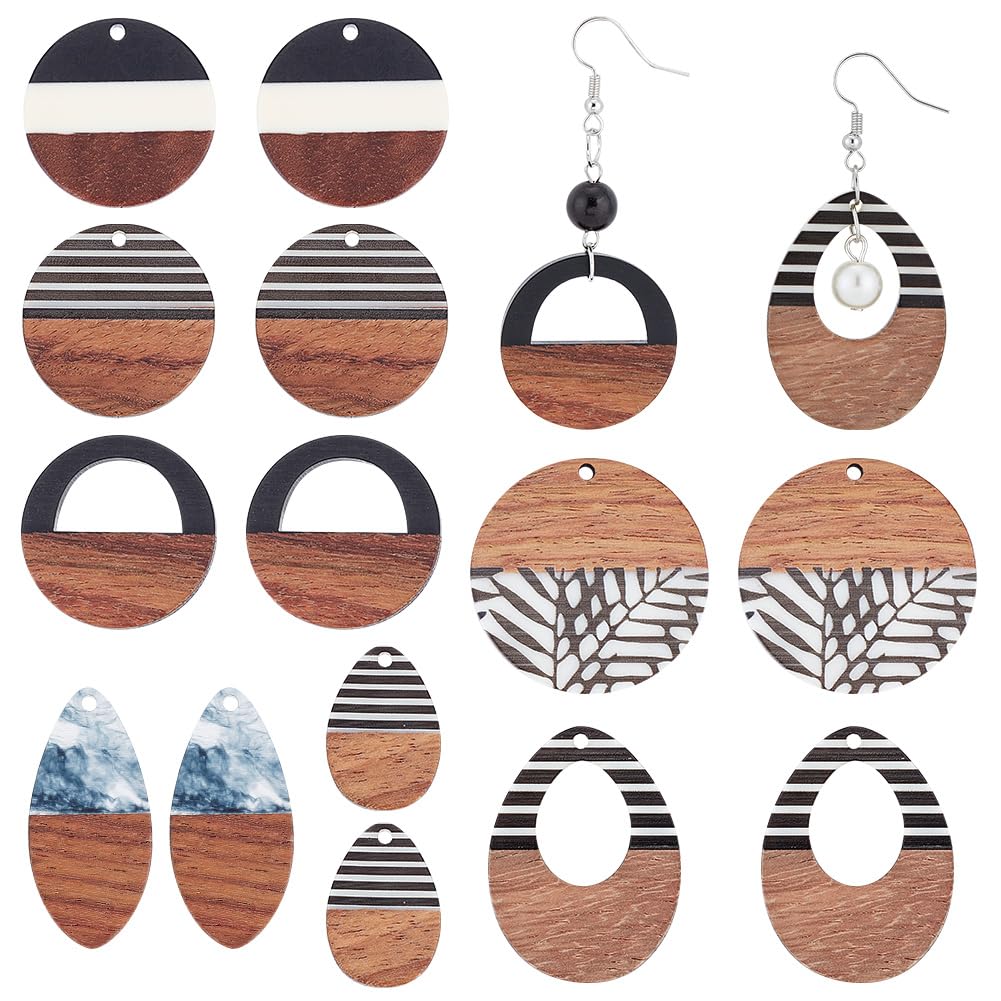 PH PandaHall 14PCS Resin Wood Earring Pendants, 7 Styles Walnut Vintage Earring Teardrop and Flat Round Statement Jewellery Resin Wood Earring Making Kit for Jewellery Making DIY Crafts