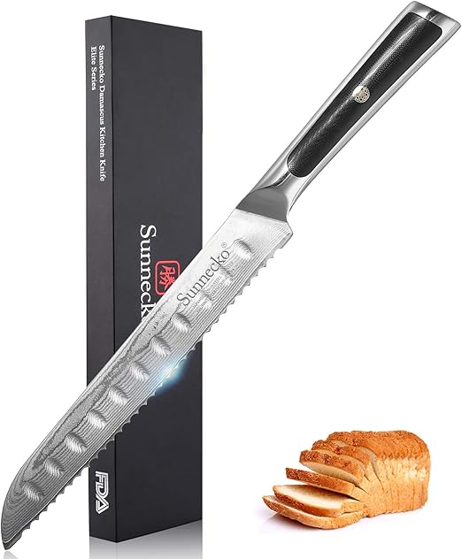 Amazon Com Damascus Bread Knife Sunnecko 8 Inch Serrated Knife Ultra Sharp Cake Slicer Bread Cutter Japanese Vg10 73 Layers Damascus Steel With G10 Handle Kitchen Dining