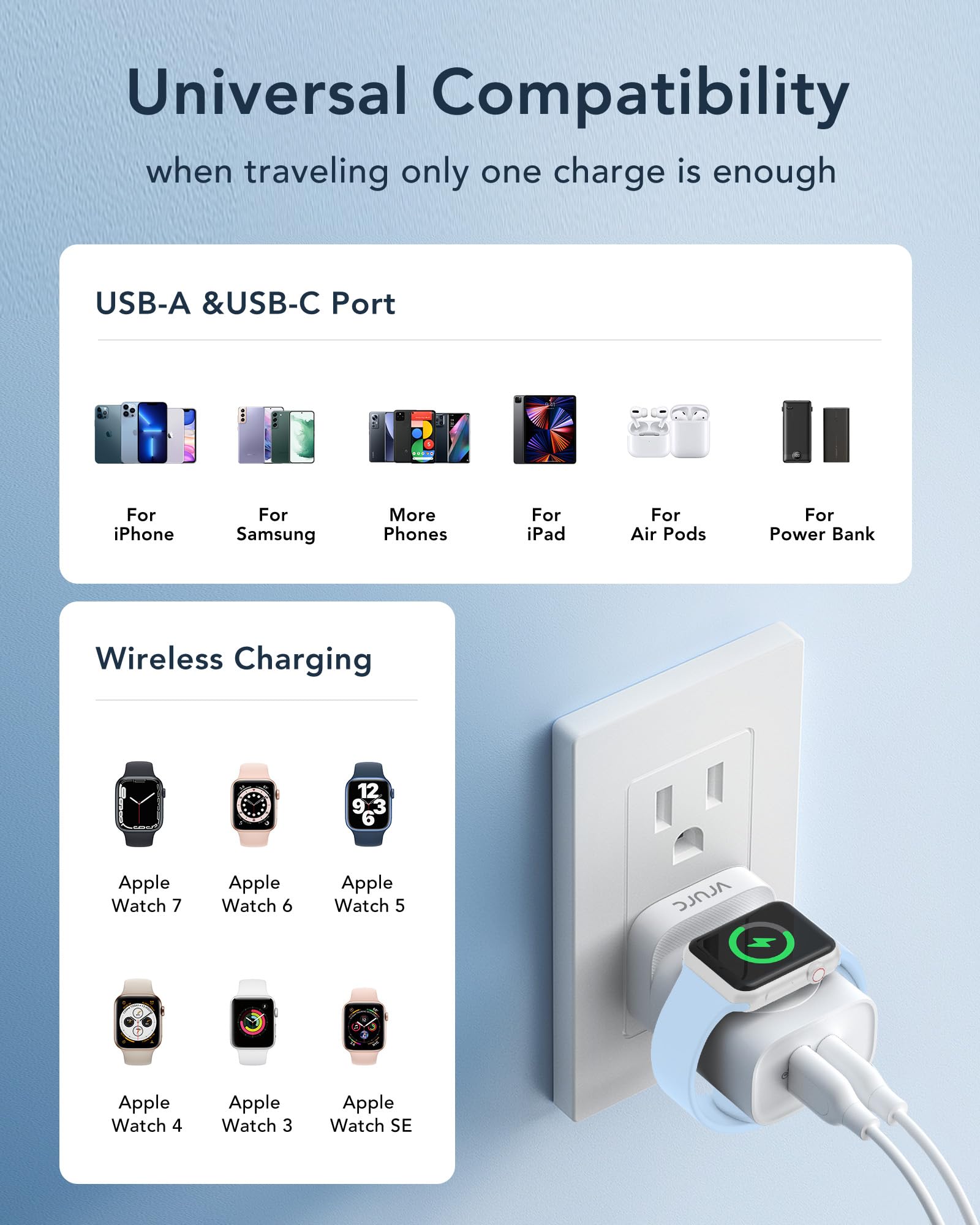 VRURC VRURC for Apple Watch Charger, Wireless Magnetic Portable iWatch Charger, PD 20W 3-in-1 Travel Essentials Fast Charging Block for iWatch Ultra/SE/11/10/9/8/7/6/5,iPhone 17/16/15/14/13,Android-White