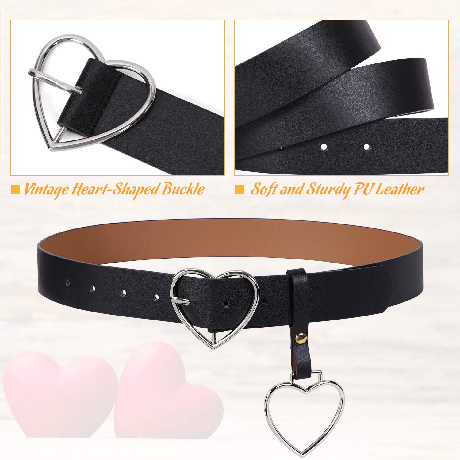 Women Wide Leather Belt Heart-shaped Belt Silver Metal Buckle for Women Girls Students Jeans Shorts Ladies Dress