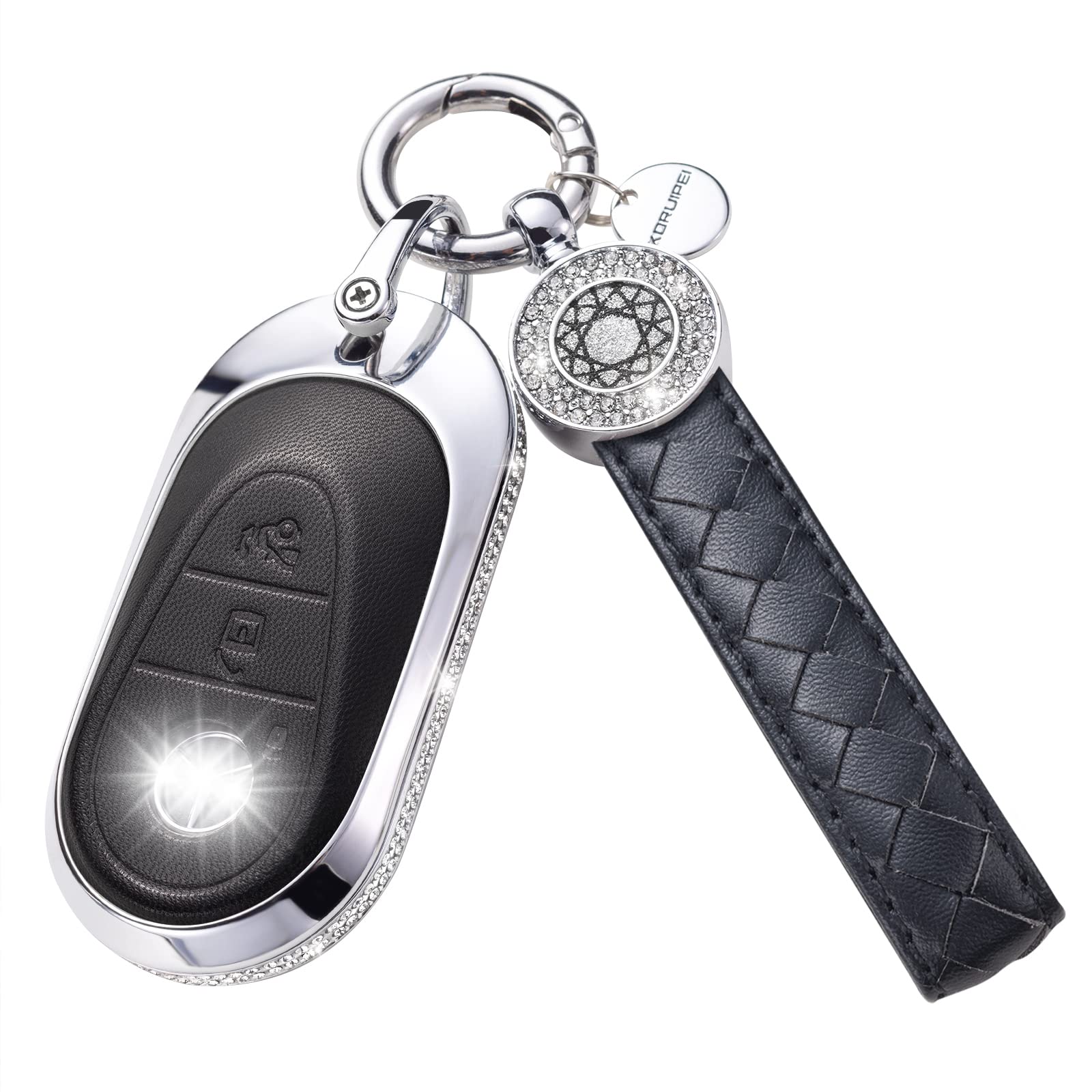 SHANGHONG Compatible with Mercedes Key Fob Cover with Keychain Leather Crystal 360 Degree Protection Key Shell Case for 2020-2022 Mercedes Benz S-Class G-Class E-Class (Black)