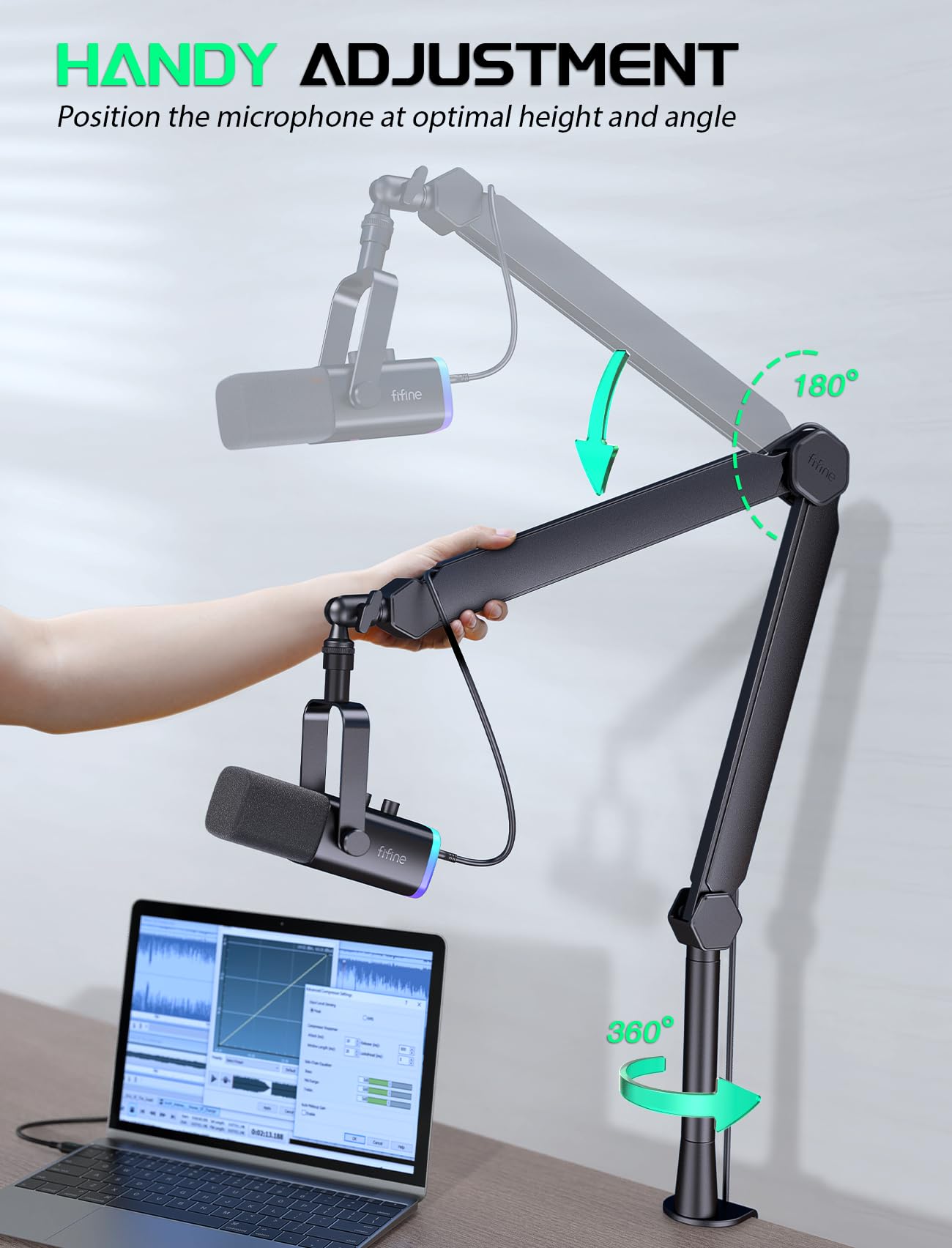 FIFINE Mic Boom Arm, Microphone Stand with Cable Management Channels, Extension Tube, Desk Clamp, Thread Adapter, Fully Adjustable Metal-Built Podcast Mic Arm for Streaming Gaming Recording-BM66T