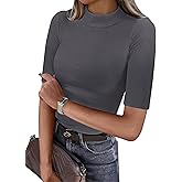 ANRABESS Womens Tops Mock Neck Half Sleeve Shirts Ribbed Knit Slim Fit Basic Tee 2026 Summer Fall Dressy Casual T-Shirts