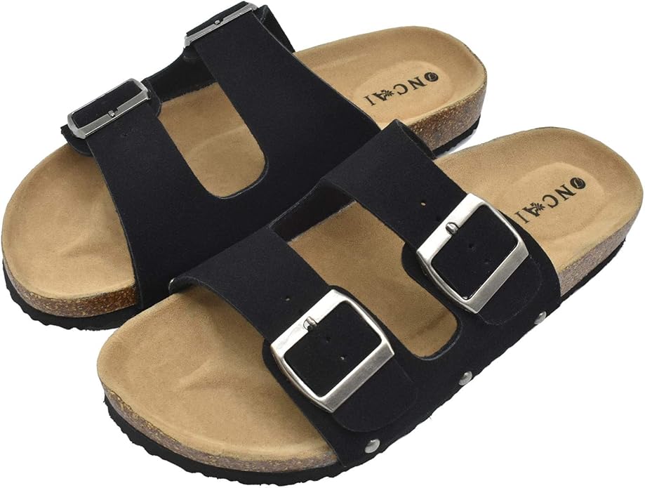 Amazon.com | Womens Flat Slide Sandals with Arch Support 2 Strap Adjustable Buckle Slip on 