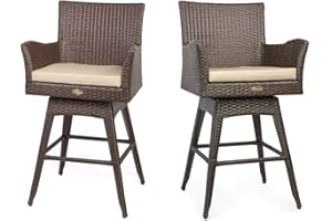 Barton 2 Pieces Swivel Bar Stool w/Foot Rest Weather Resistant Fabric Cushion Outdoor Patio Furniture Wicker Rattan