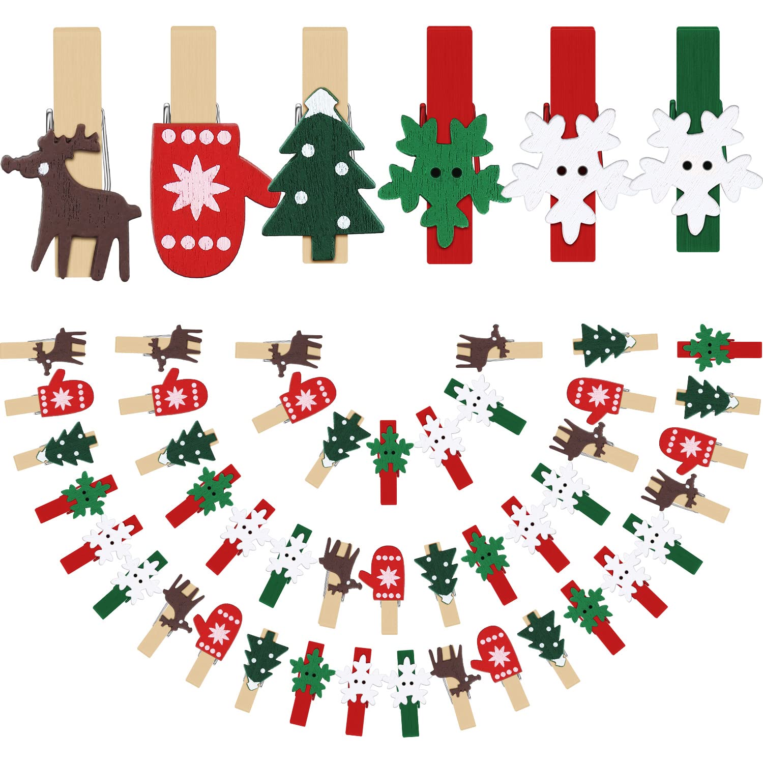 Wooden Christmas Tree Clips Laundry Pins Gloves Snowflake Photo Clips DIY for Home School Crafts Decor (60 Pieces)