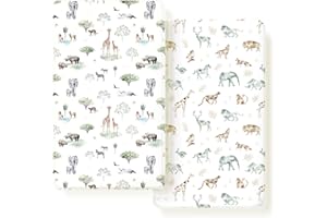 GRSSDER Stretch Ultra Soft Jersey Knit Fitted Crib Sheets Set 2 Pack，Fit All Standard Crib Mattress Pads Safe and Snug, Crib Fitted Sheet for Baby, Stylish African Savannah Animals Pattern