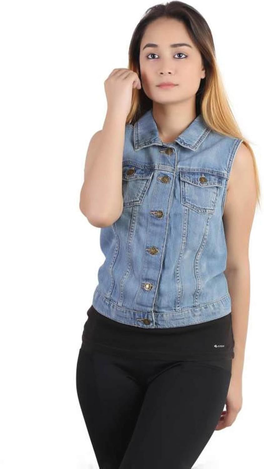 g.s.a enterprises denim solid light blue sleeveless regular collar women jacket