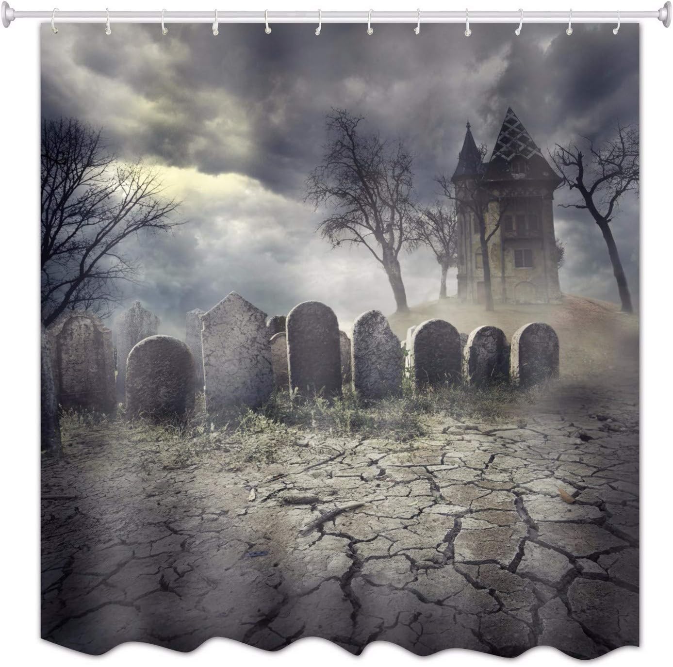 Halloween-Duschvorhang – Totenkopf-Rose & Friedhofs-Motiv, Gothic-Stil, 152x183 Cm Oder 183x183 Cm, Polyester, Wasserabweisend