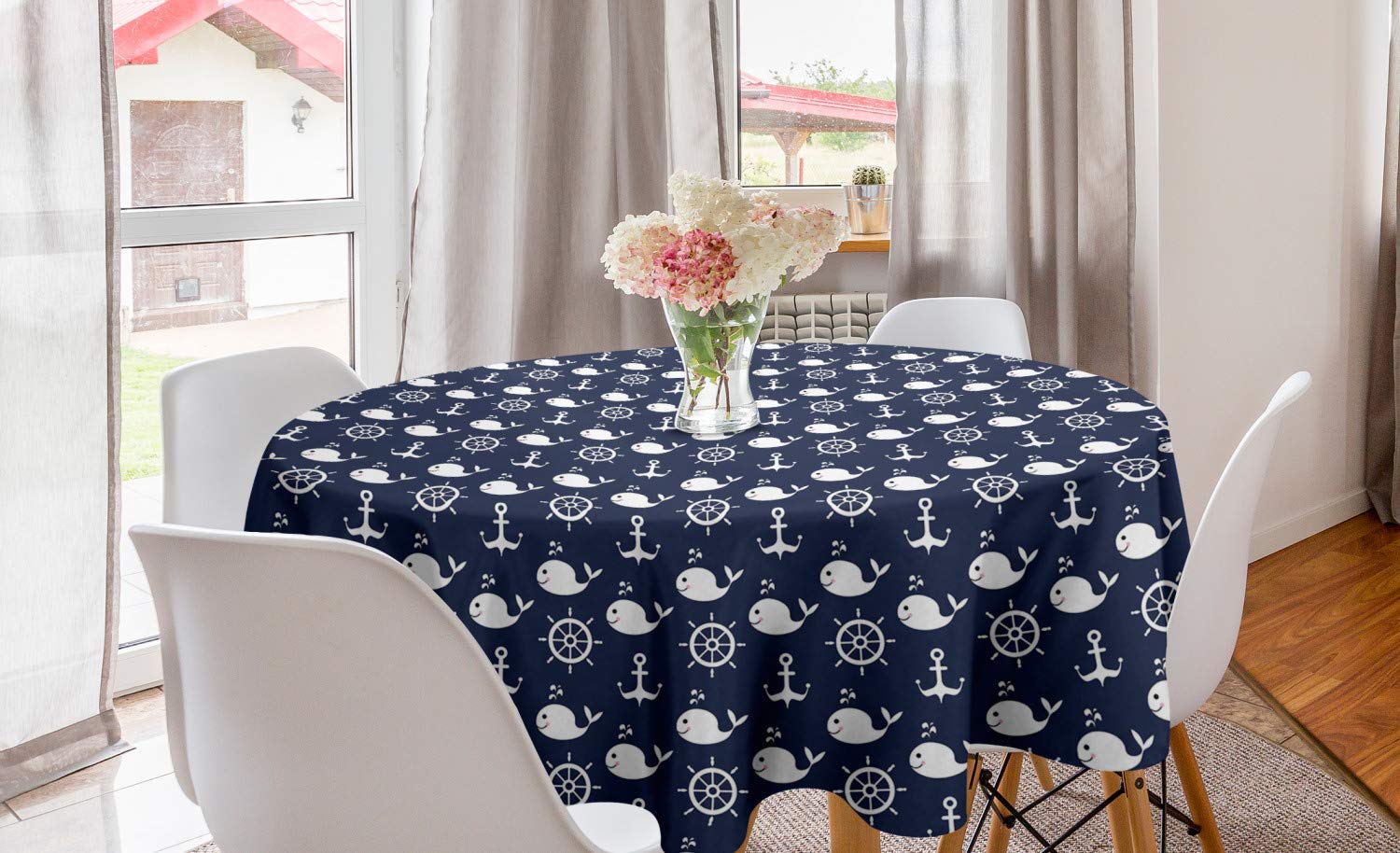 ABAKUHAUS Navy Blue Round Tablecloth, Maritime Pattern with Whales Helms Anchors Nautical Elements Deep Sea Life, Circle Table Cloth Cover for Dining Room Kitchen Decoration, 60", Navy Blue White