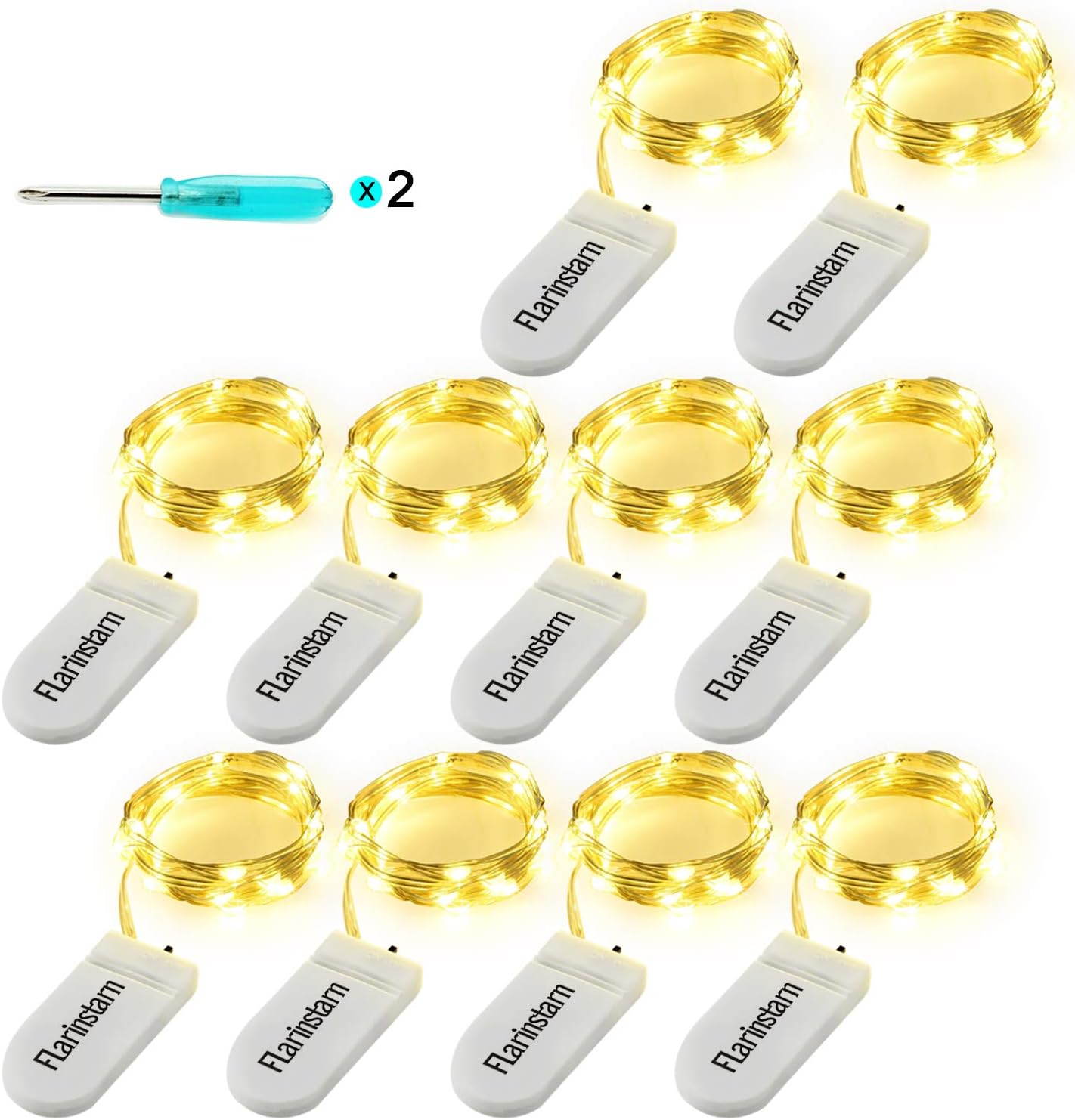 Flarinstarn 10PCS Fairy Lights Battery Operated,Waterproof Silver Wire 6.5 Feet Fairy String Lights 20 Led Firefly Starry Moon Lights for Home Party Wedding Christmas Table Decoration(Warm White)