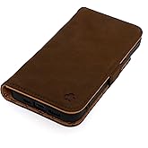 Porter Riley - Leather Case Compatible with iPhone 13 (6.1"). Premium Genuine Nubuck Leather Book/Wallet/Book Case with Card Slots and Horizontal Stand (Brown, Tan)