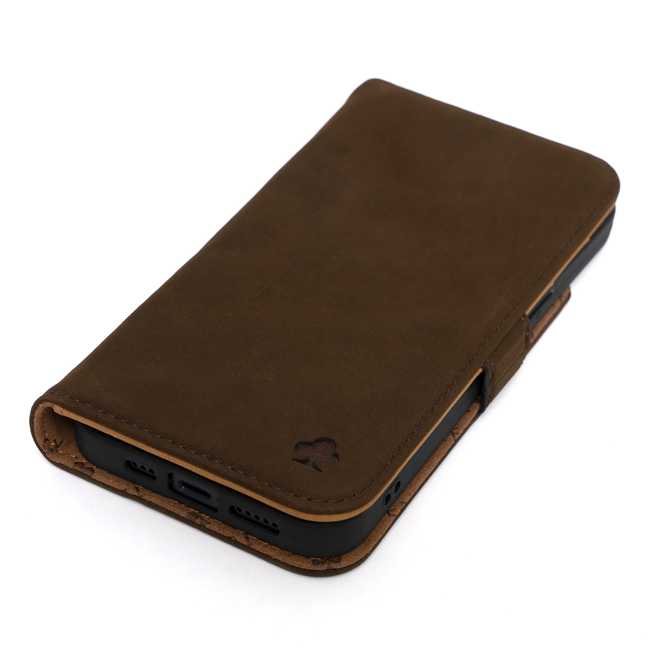 PORTER RILEY - Leather Case Compatible with iPhone 14 Pro. Premium Nubuck Genuine Leather Stand/Cover/Wallet/Flip Case with Card Slots & Horizontal Stand (Brown, Tan)