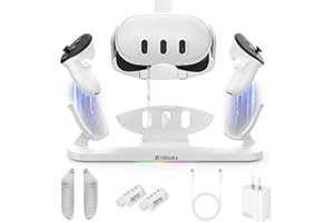 RCGEEK HiBloks Charging Dock for Meta Quest 3 Accessories, 18W Fast Magnetic Charging Station for Oculus Quest 3 and Controllers with 2 Rechargeable Batteries, Wireless Charging & Colorful RGB Light