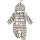 pengnight Baby Boy Clothes Little Bro Newborn Outfit Ribbed Knit Long Sleeve Baby Brother Romper Striped Bodysuit with Hat