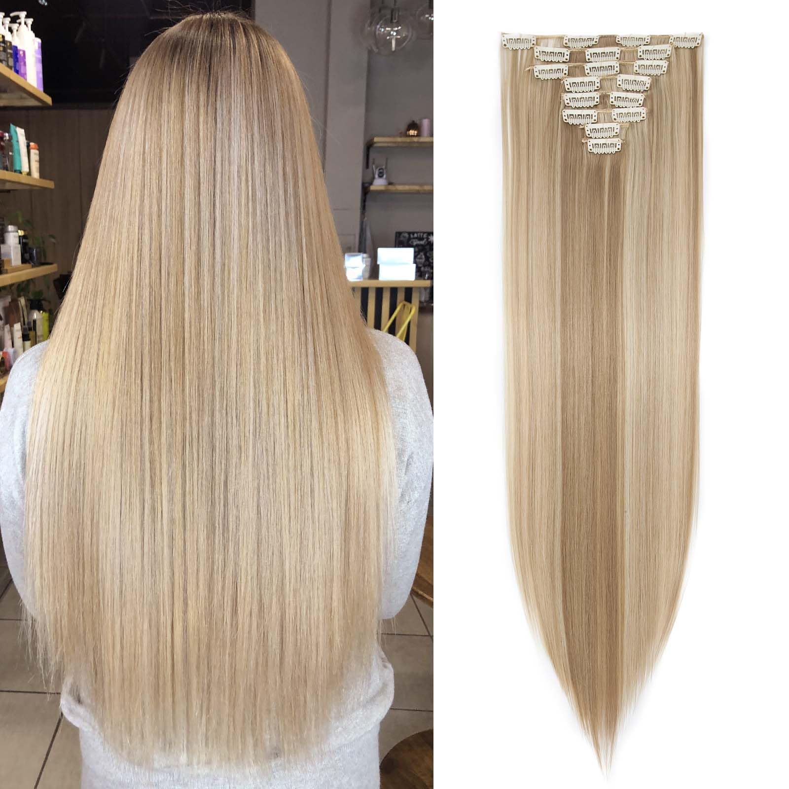 SEGOHAIR Hair Extensions Clip in 8Pcs 18 Clips Synthetic Fiber Seamless 26" Long Straight Full Head - Sandy Blonde mix Bleach Blonde — image 1
