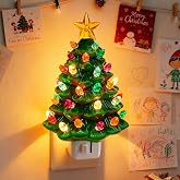 RueXig Ceramic Christmas Tree Night Light, Plugin Green Christmas Tree Lights, Vintage Hand Painted Hallway Nightlight with Multicolored Mini Lights for Home Decoration