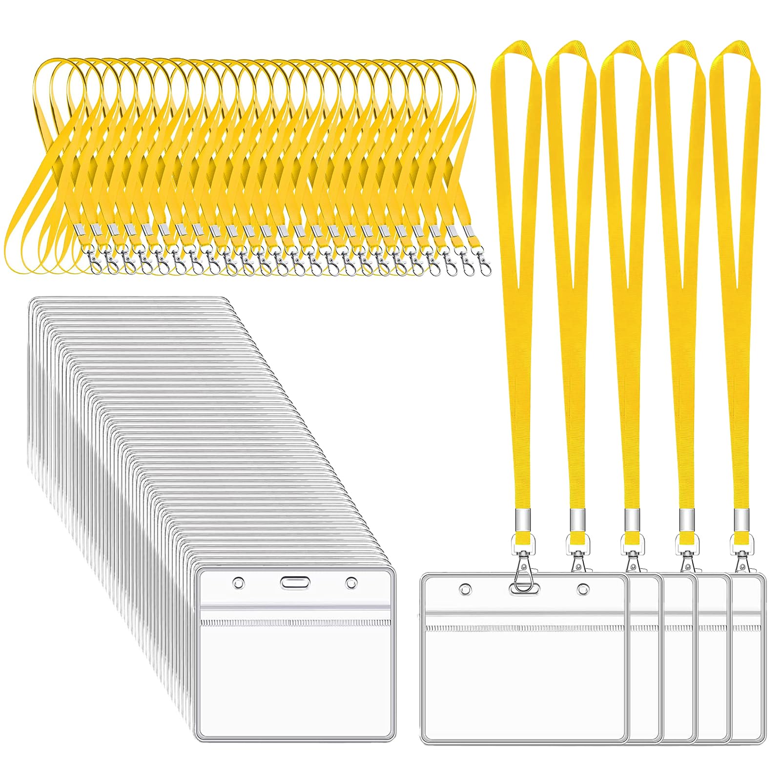 XHDA Yellow 50PCS Lanyards for Neck with 50PCS Card Holder, Lanyard with Clear Plastic Card Holder for ID Card and Staff