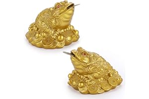 MDLUU 2 Pcs Money Toad Statue, Feng Shui Three Legged Toad with Coin, Lucky Charm Wealth Frog for Cash Register, Office Desk, House Warming, Store Opening Gift (Gold)