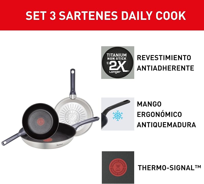 Tefal daily cook - conjunto de 3 panelas de aço inoxidável de 20, 24 e 26 cm, antiaderente, tecnologia thermospot, cozimento uniforme, todos os tipos de cozinhas, sem pfoa, cor preta.