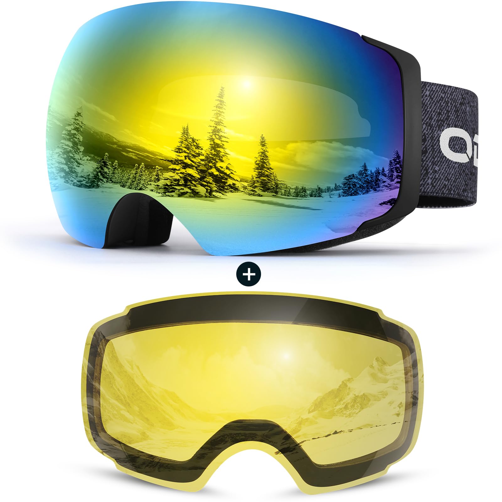 Odoland Magnetic Interchangeable Ski Goggles with 2 Lens, Large Spherical Frameless Snow Snowboard Goggles for Men Women,Black frame golden lens, vlt 15% Image