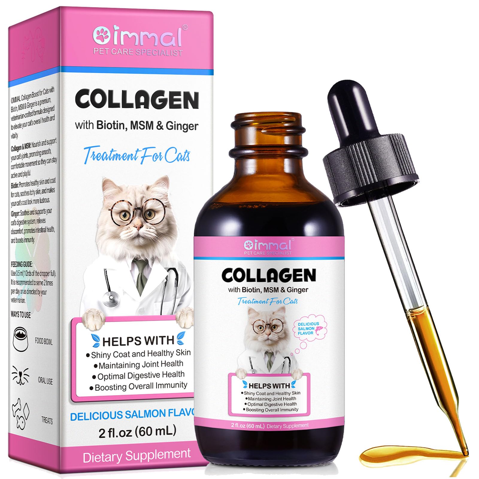 Liquid Collagen for Cats, Skin and Coat Collagen Supplement, Cat Joint Supplements, Dry and Itchy Skin Relief, Support Digestive Health, Cat Collagen Drops with Biotin, MSM, Ginger, Salmon Flavor