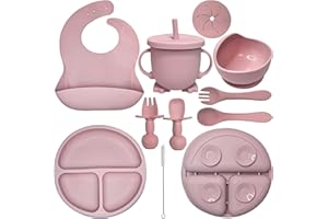 HippoBaby Baby Led Weaning Supplies |10 Piece Silicone Baby Feeding Set, Baby Toddler Bib Cup Divided Plate and Bowl Self Feeding Spoons Dish Set | Baby Utensils,Toddler Feeding Supplies (Rose Quartz)