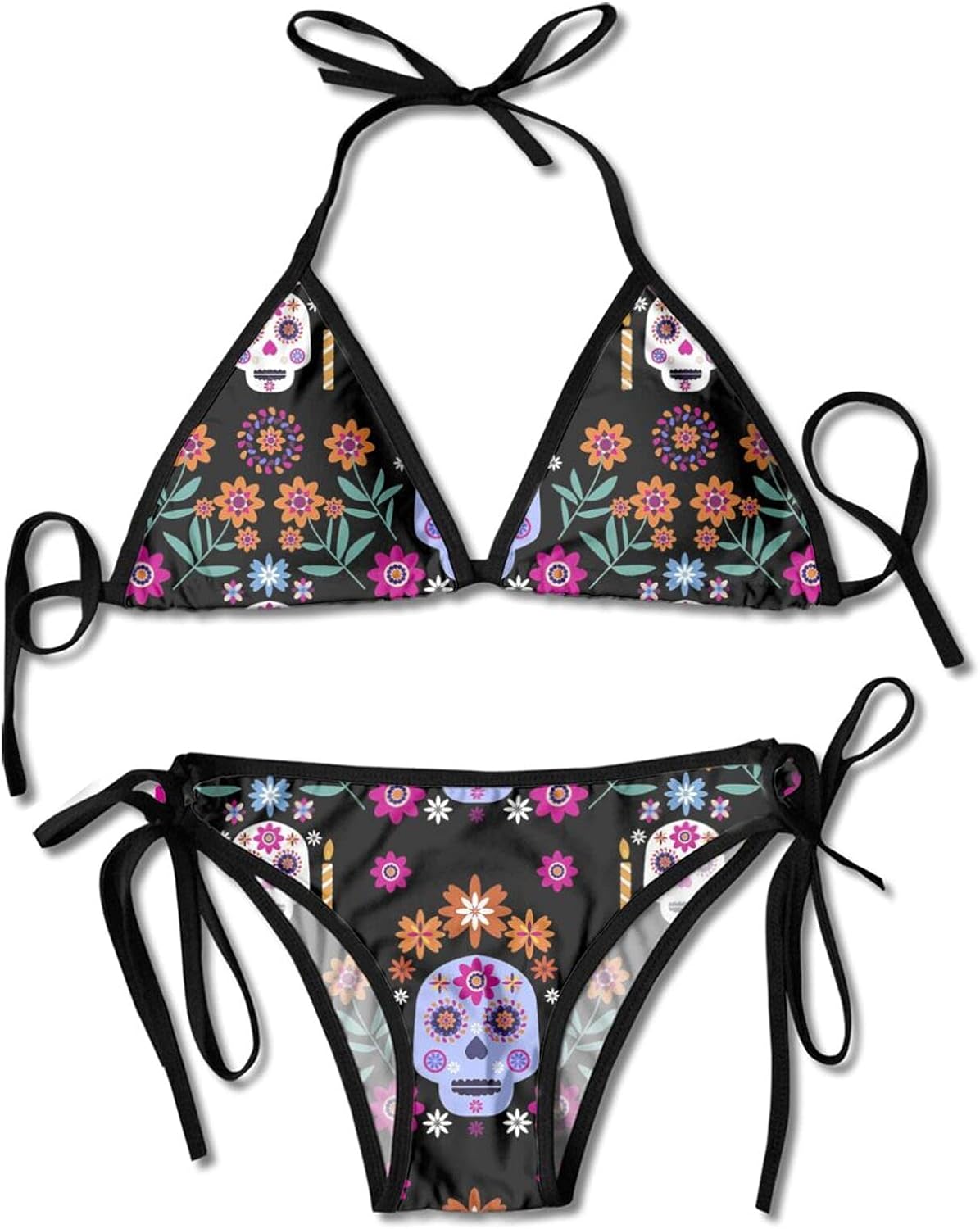 Sugar Skull Women’s Bikini Triangle Design Lace Up Knot Dyeing Black at