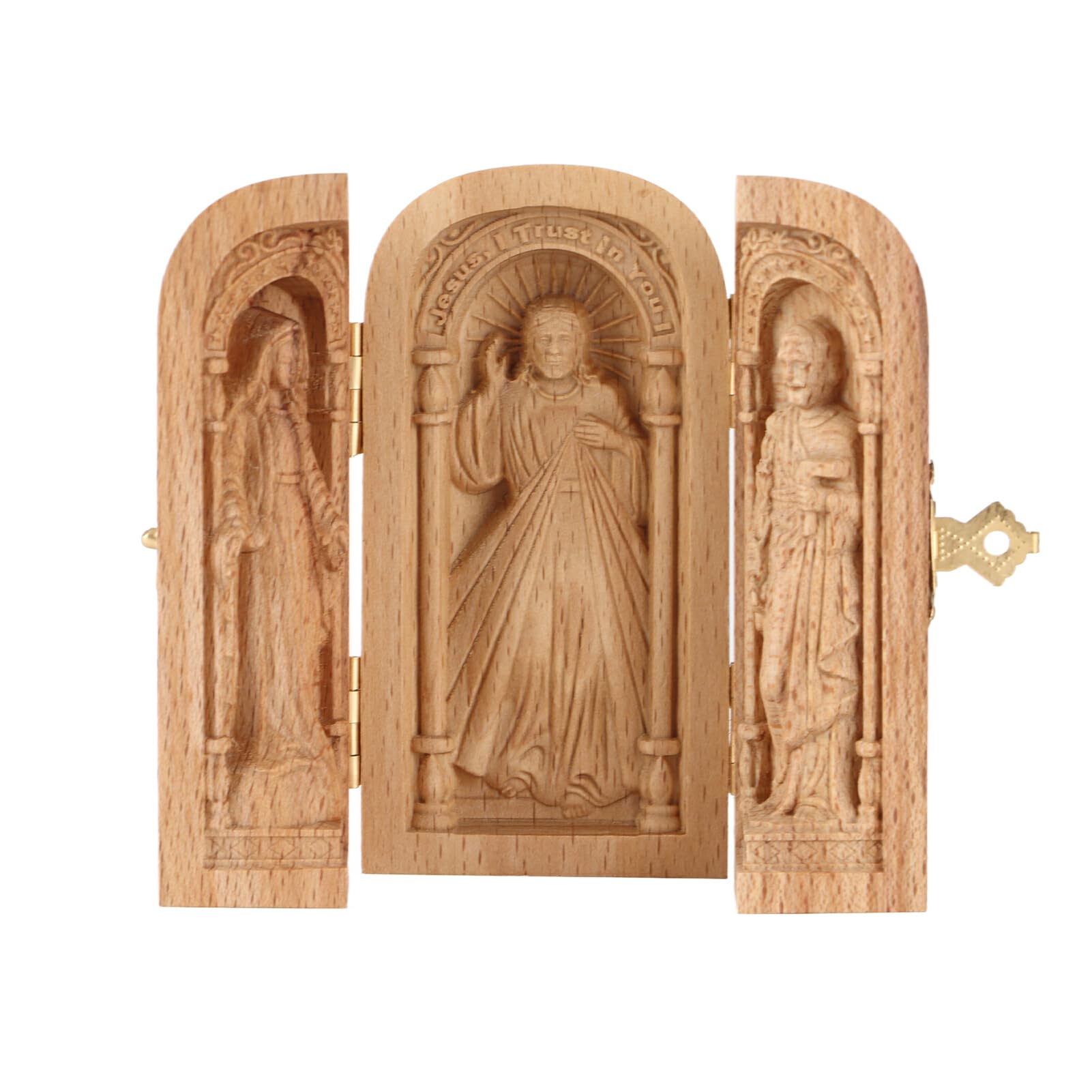 MSUIINT Hand-carved Portable Church Portable Holy Family Box, Wooden Catholic Altar for Home, Small Hand Carved Wooden Box Christian Altar Religious Gift(Brown)