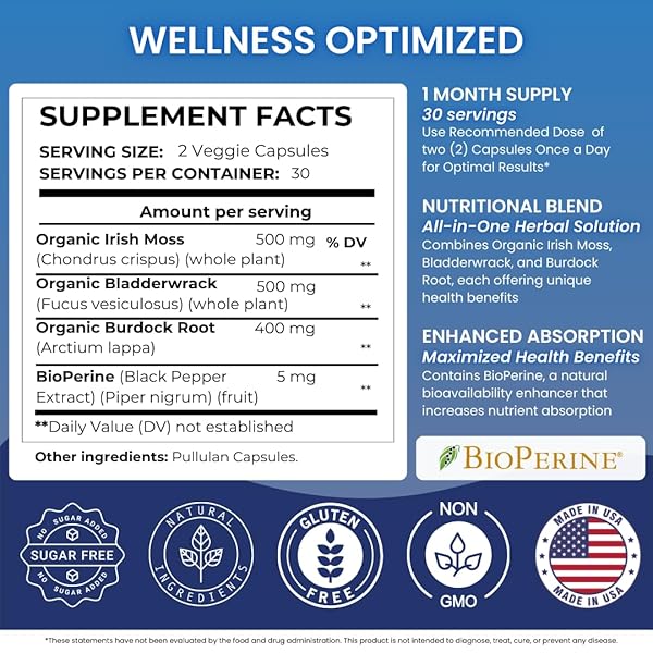NUTRA GURU SEA MOSS CAPSULES – 90 IRISH SEA MOSS CAPSULES WITH BIOPERINE, BLADDERWRACK, AND BURDOCK ROOT – HIGH-POTENCY PILLS FOR IMMUNITY, GUT, AND ENERGY