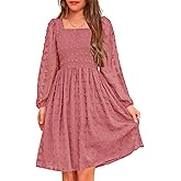 HOSIKA Girls Long Sleeve Dress Swiss Dot Square Neck Smocked Spring Dresses with Pockets 6-14 Years