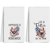 XFN 2Pcs Funny Kitchen Towels 24x14 Inch, Floral Rooster Chicken Kitchen Decor Waffle Weave Hand Towels for Farmhouse, White Absorbent Microfiber Dish Cloth Tea Towel Chicken Gifts for Women