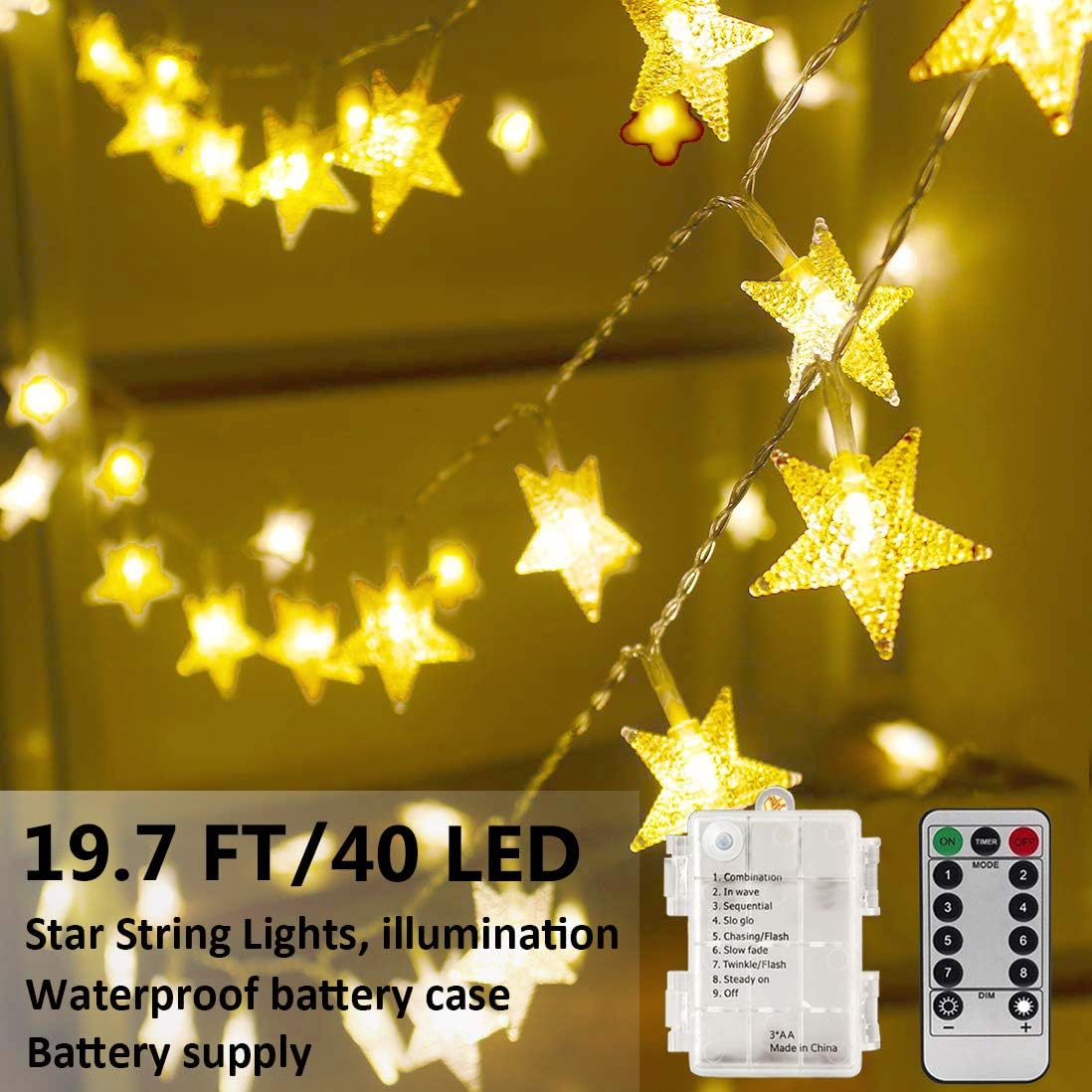 YNERHAI Star String Lights, 19.7ft 40 LED 8 Modes Battery Operated String Lights, with Remote Dimmable Twinkle Fairy Lights String for Home, Party, Christmas, Wedding, Garden Decoration, Warm White