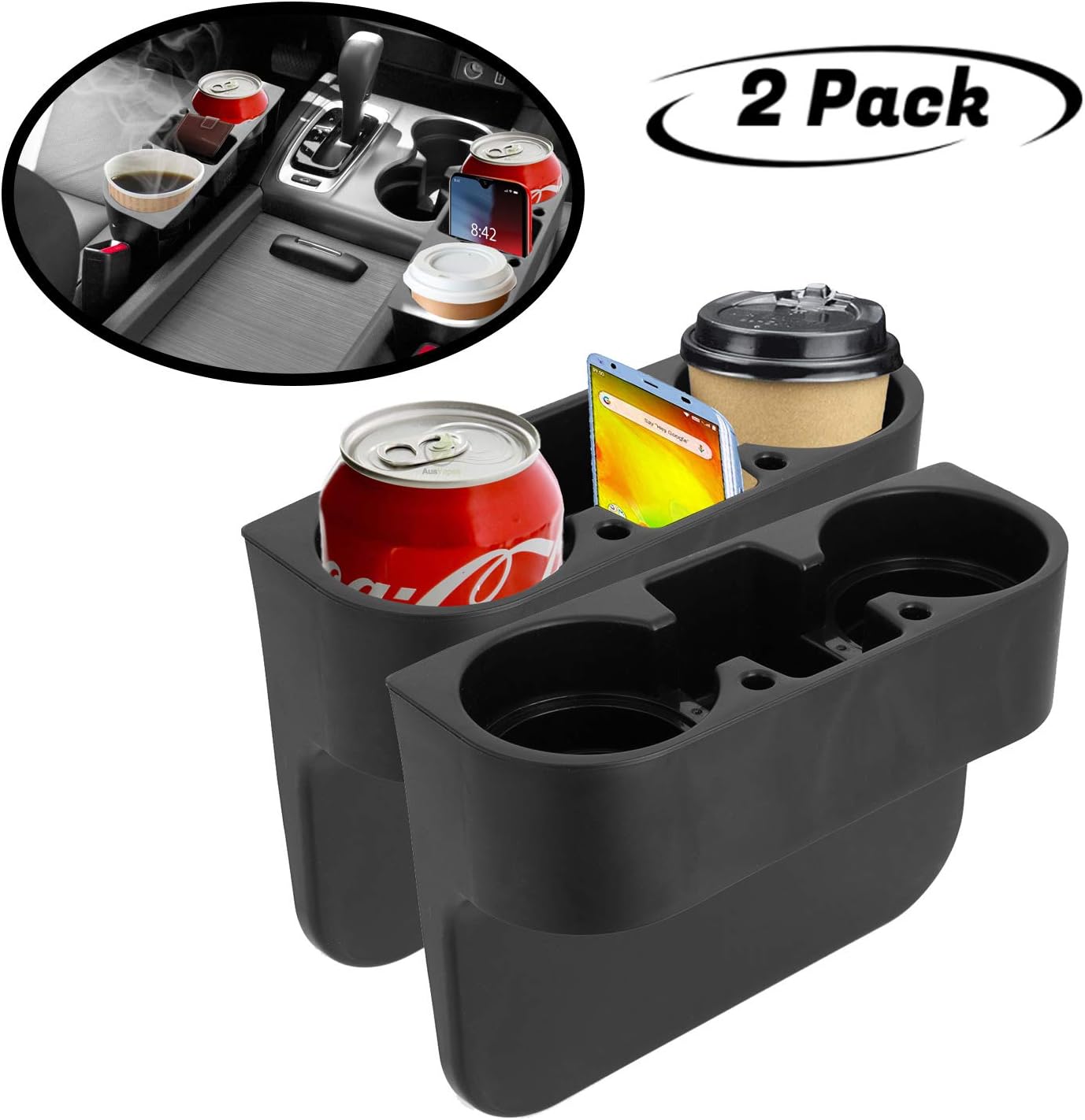lebogner Between Car Seat Cup Holder Gap Filler, 2 Pack Side Of Center Console Drink Holder For Cups, Cans And Bottles, Multifunction Crevice Caddy Catcher With A Storage Organizer Area For Your Phone