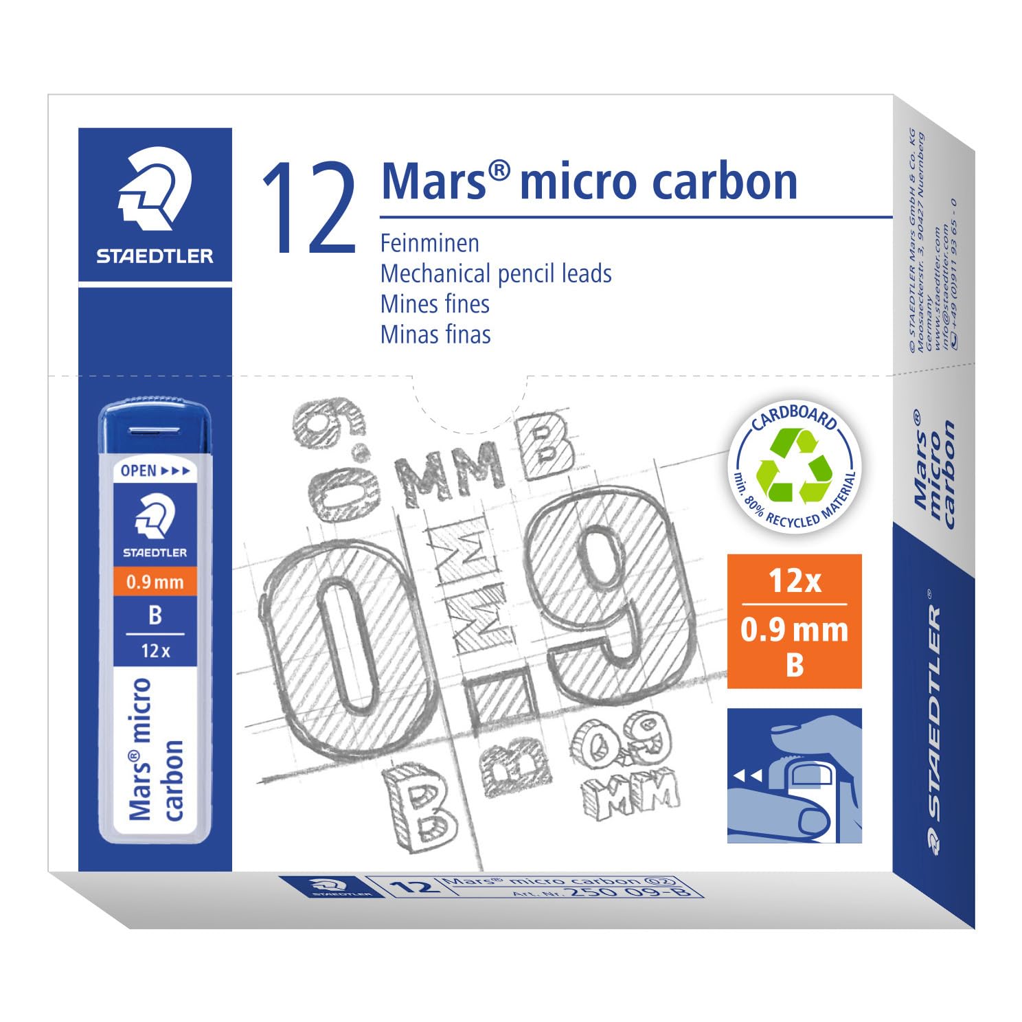 STAEDTLER 250 09-B Mars Micro Refill Leads for Mechanical Pencils - B, 0.9mm (Box of 12 x Tubes of 12 Leads)