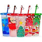 Christmas Color Changing Cups with Lids and Straws 5 Pack Plastic Cute Tumbler with Spill Resistant Straw, Easy Clean Kids Water Bottle, Dishwasher Safe Reusable for Water Iced Coffee or Tea 24oz