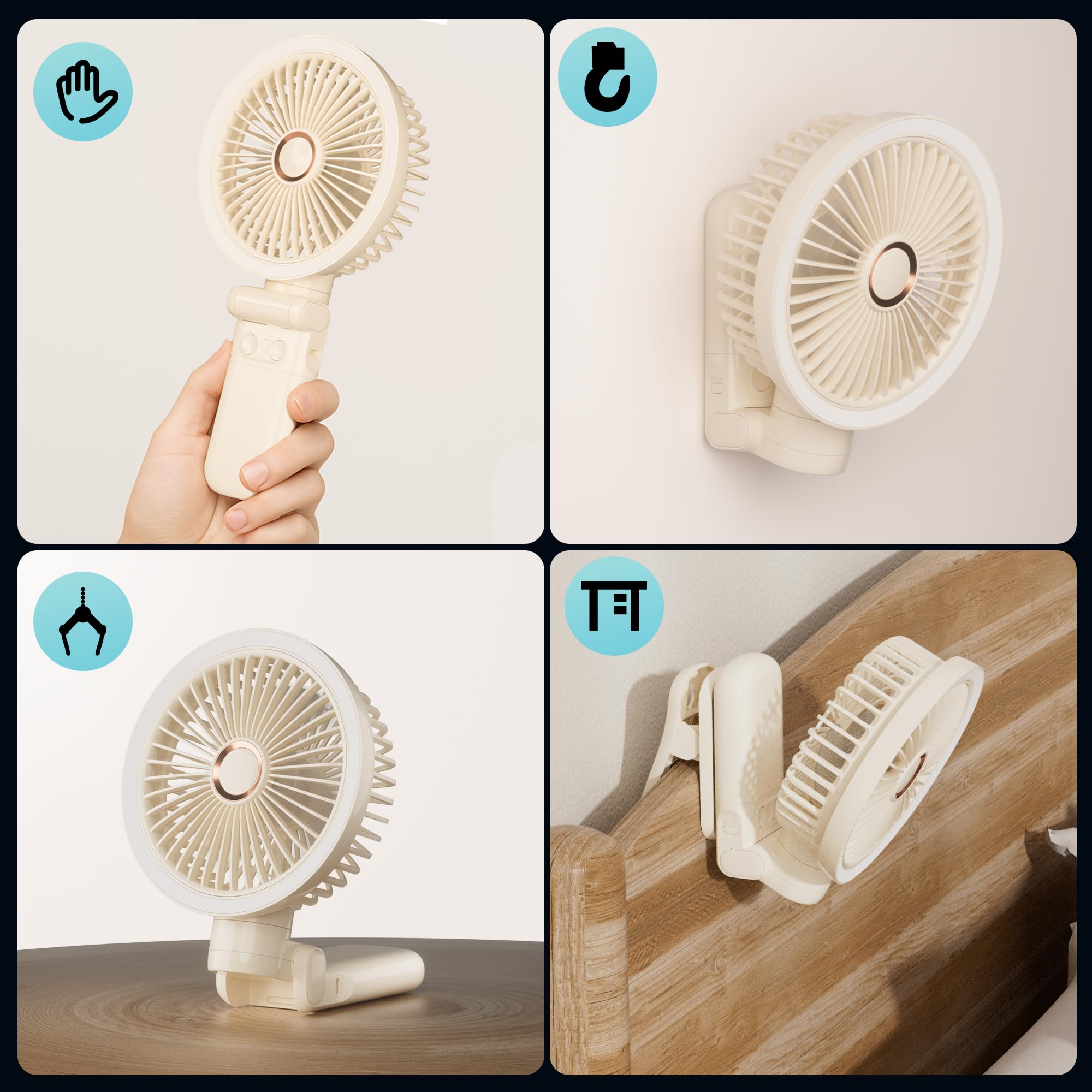 Personal Fan, 4-Speed Oscillating and 360°Rotating with LED Light, 4-in-1 Handheld/Desk/Clip-On/ Wall-Mounted Portable Fan, 5400mAh Rechargeable, Ideal for Travel/Camping/Stroller (11inch, Beige)